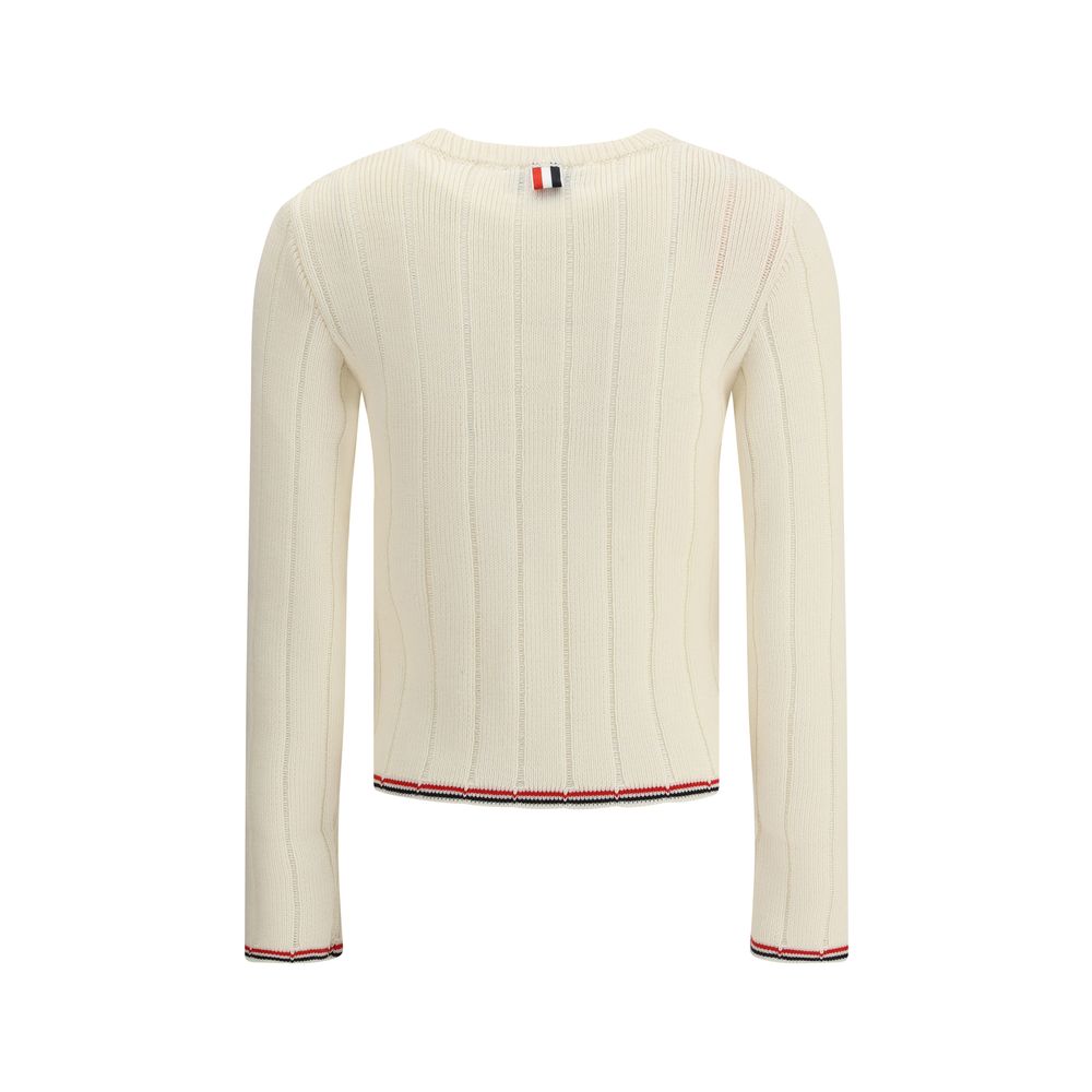 Thom Browne Cream Fleece Wool Sweatshirt with ribbed design and tricolor accents, back view. Perfect for contemporary style.