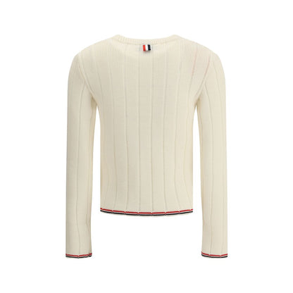 Thom Browne Cream Fleece Wool Sweatshirt with ribbed design and tricolor accents, back view. Perfect for contemporary style.