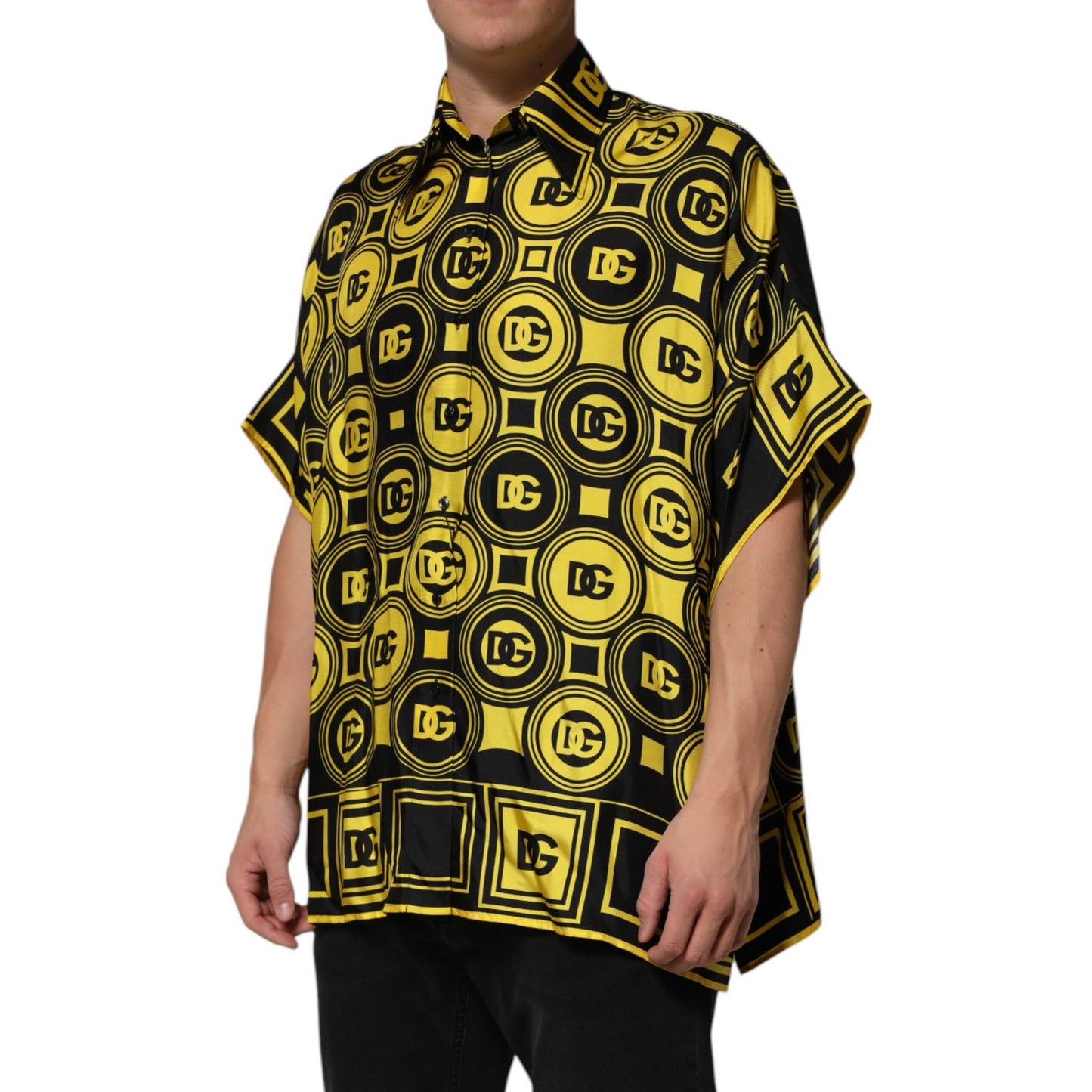 Dolce & Gabbana Yellow Silk Silver DG Logo Geometric T-shirt