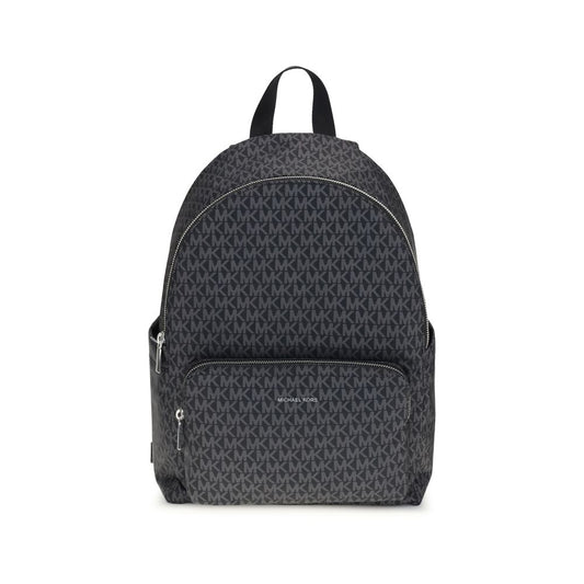 Michael Kors Black Polyester Backpack with logo print, featuring exterior pouch pockets and zippered front clutch, AW25 collection.