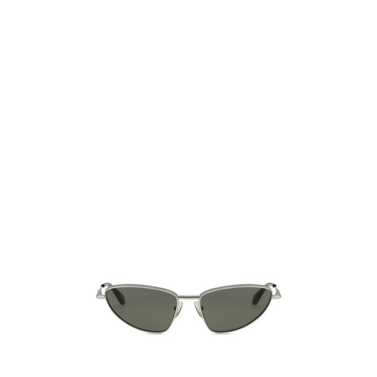 Alexander McQueen Silver Metal Sunglasses with cat-eye design and mirrored lenses on a white background.