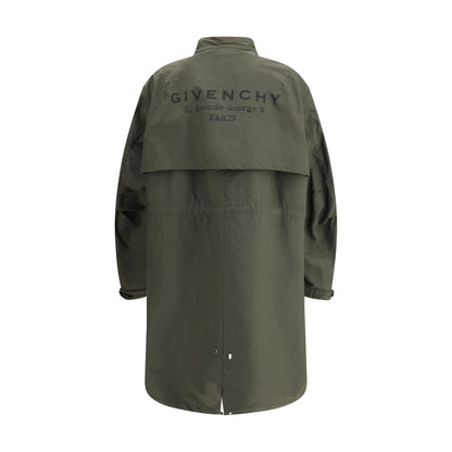 Back view of Givenchy Bicolor Cotton Clothing parka with monogram and adjustable features, showcasing modern design and functionality.