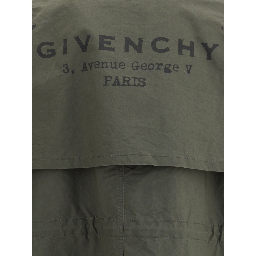 Back view of Givenchy Bicolor Cotton Clothing parka with iconic monogram, featuring double-slider zipper and adjustable drawstring waist.