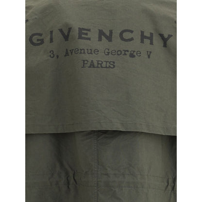 Back view of Givenchy Bicolor Cotton Clothing parka with iconic monogram, featuring double-slider zipper and adjustable drawstring waist.