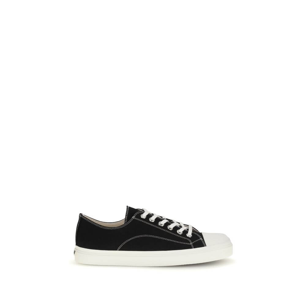 Moschino Black Cotton Low Top Sneakers with lace-up closure, reinforced toe, flat sole, and logo on heel, made in Spain.