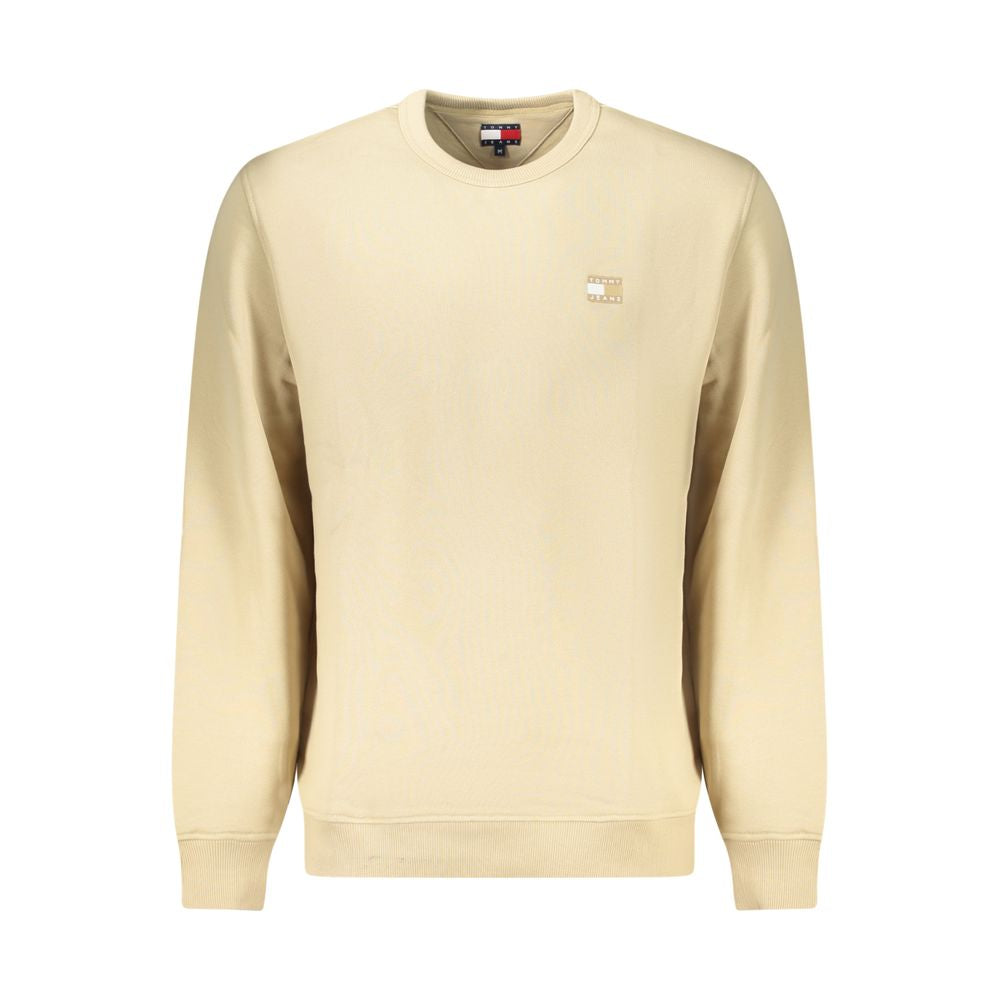 Tommy Hilfiger Beige Cotton Men Sweater featuring a crew neck and logo applique, made from 95% regenerative cotton. Casual sophistication in eco fashion.