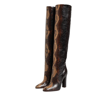 Dolce & Gabbana Brown Python Snakeskin Print Riding Boots Shoes