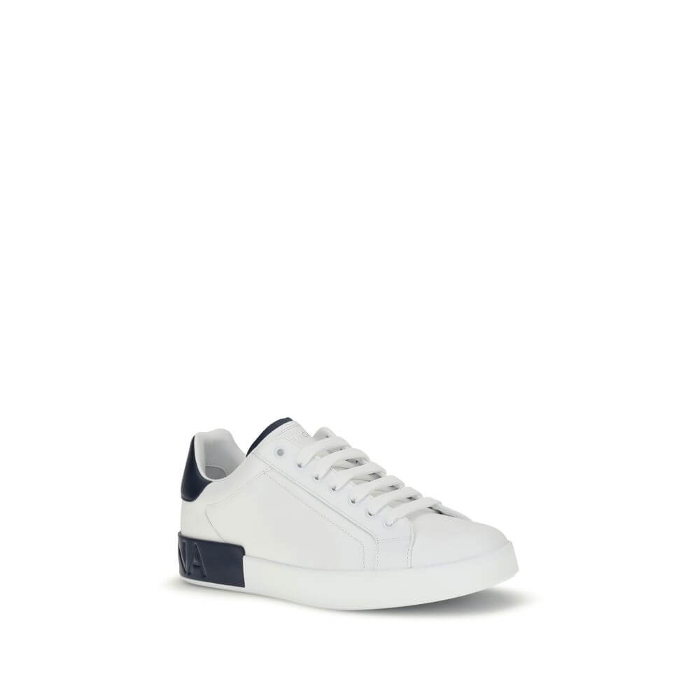 Dolce & Gabbana White Calf Leather Bos Taurus Low Top Sneakers with logo stripe on heel