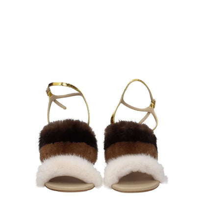 Fendi Brown Mink Strap-On Sandals with vintage effect, buckle closure, leather sole, and high heel. Features snake leather and open toe design.