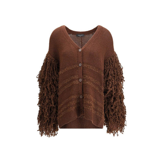 Fabiana Filippi Brown Camel Hair Cardigan with front button closure, ribbed trim, and maxi ruffled sleeves, made in Italy, oversize fit.