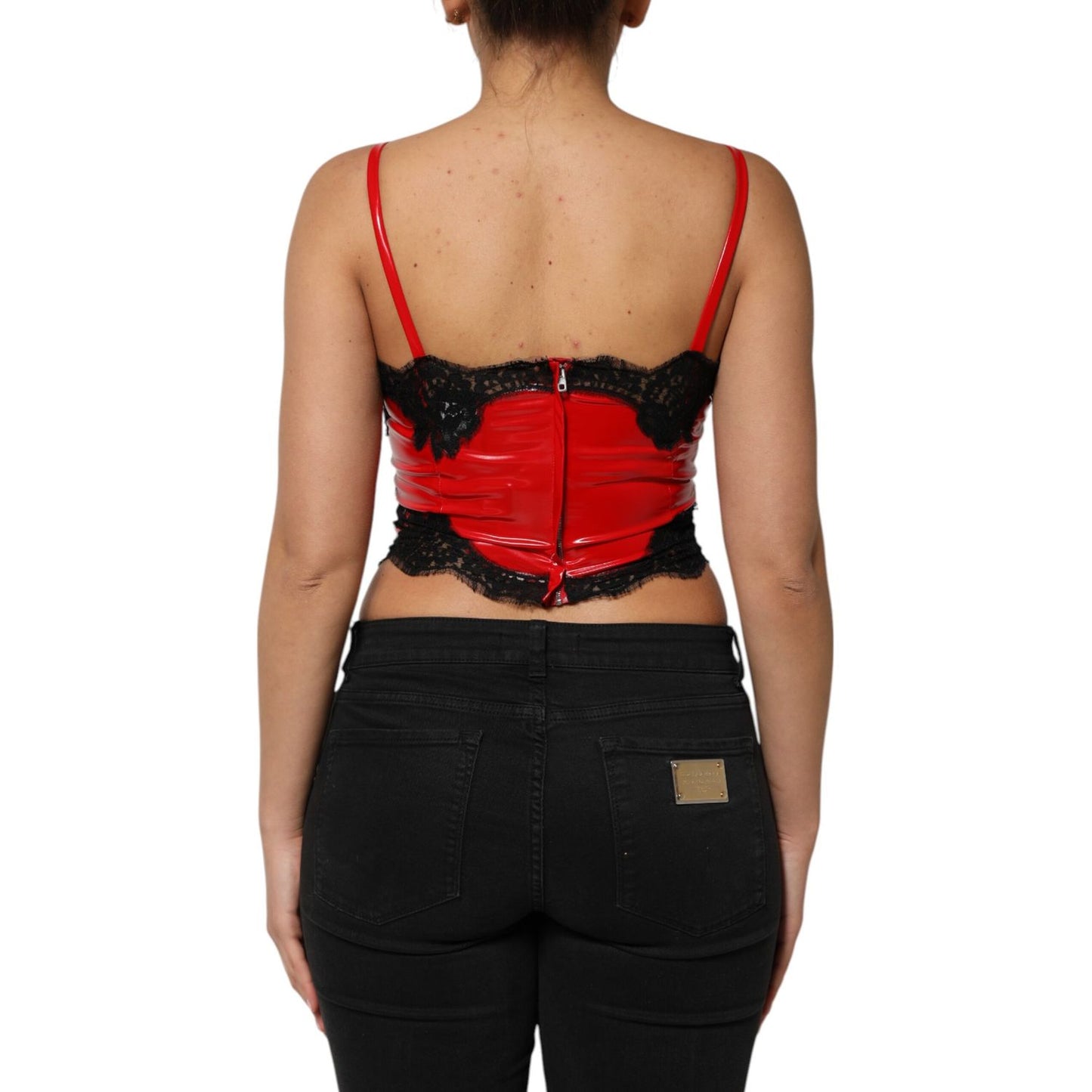 Dolce & Gabbana Red Black Lace Trim Polyester Sleeveless Tank Top