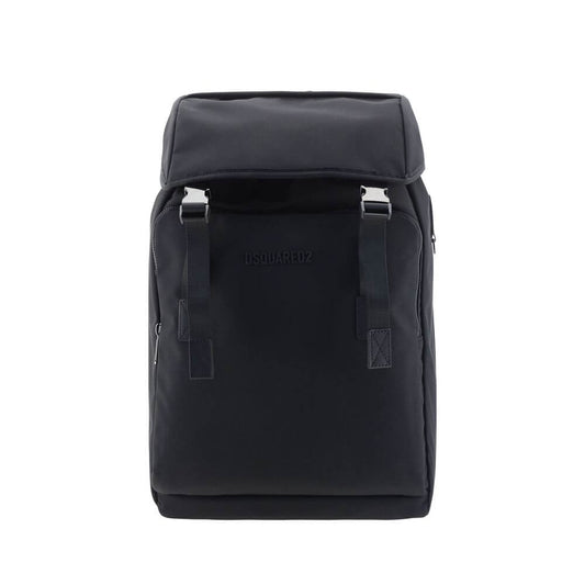 Dsquared² Black Nylon Backpack with flap closure and padded straps for comfort and style.