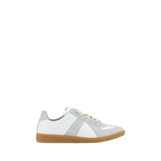 Margiela White Rubber Low Top Sneakers with calfskin upper, suede detailing, and gum sole, featuring a classic lace-up design.
