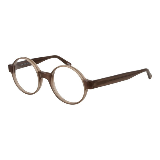 Andy Wolf Brown Unisex Glasses Frame in acetate, full-rim round style with plastic lenses, includes branded case, no spring hinge.