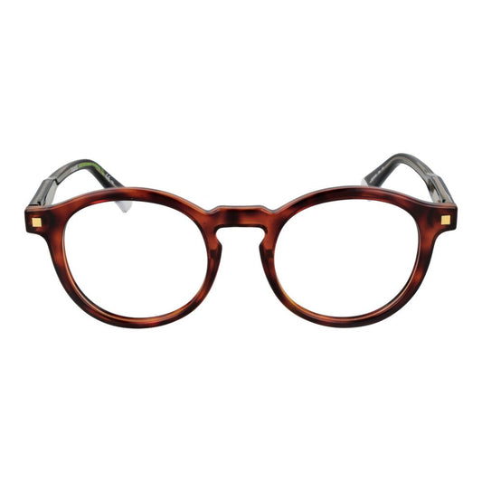 Polaroid Brown Men Glasses Frame, full-rim round style, cellulose propionate, 48-21-145 size, with demo lenses, branded case included.