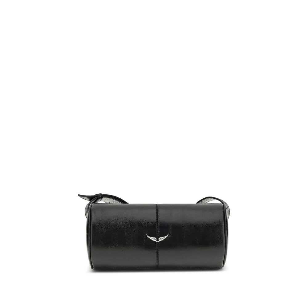Alt Tag: Zadig & Voltaire Black Leather Shoulder Bag with glossy finish, featuring silver details and front logo, adjustable strap included.