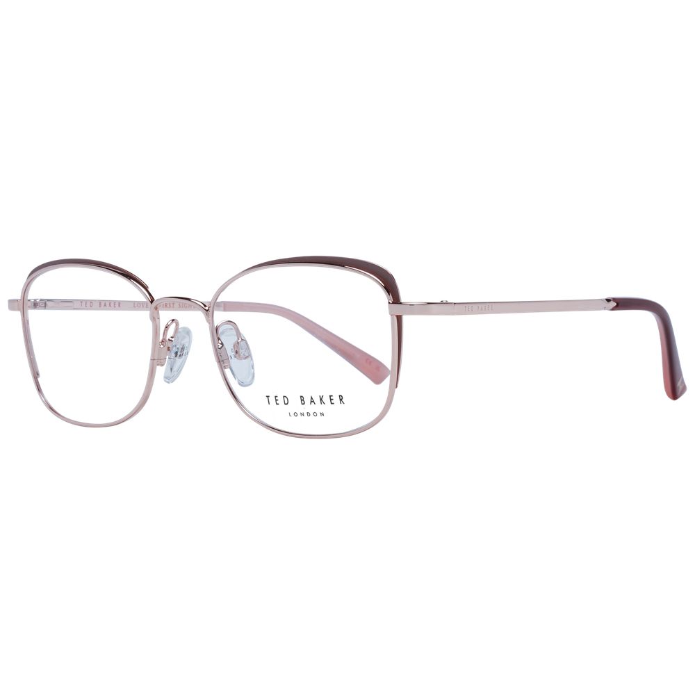 Ted Baker Brown Women Glasses Frame, full-rim stainless steel, rectangle style with branded case, demo lenses, and spring hinge.