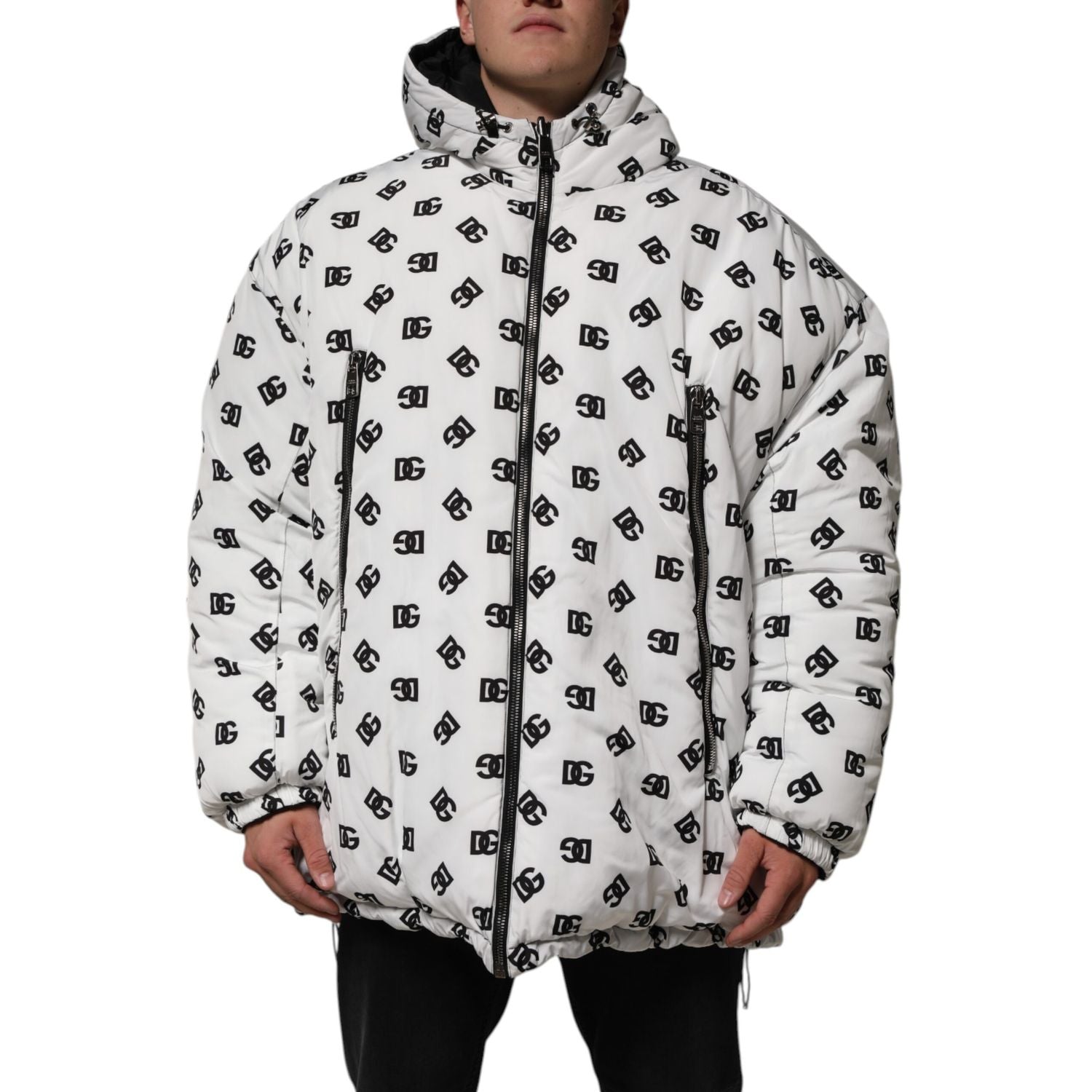 Dolce & Gabbana White DG Monogram Hooded Puffer Jacket