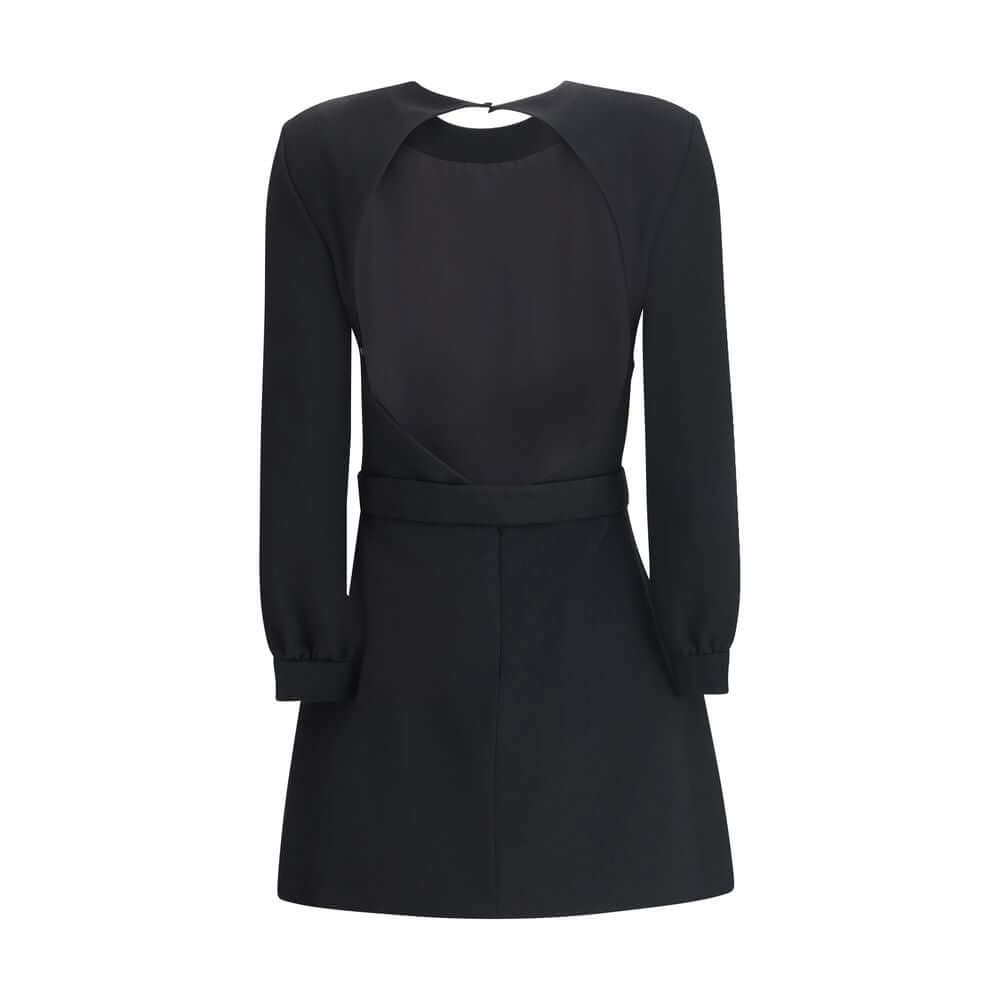 Saint Laurent Black Viscose Cocktail Dress with padded shoulders and diamond-cut back, featuring long sleeves and elegant design.