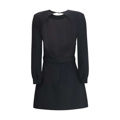 Saint Laurent Black Viscose Cocktail Dress with padded shoulders and diamond-cut back, featuring long sleeves and elegant design.