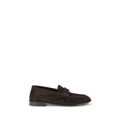 Saint Laurent Brown Calf Leather Bos Taurus Slip-On Loafers with gold Cassandre detail and hand-stitched moc toe, elegant design