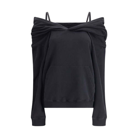 Front view of MM6 Black Cotton Sweatshirt with minimalist design, dropped shoulders, raw-cut hem, and MM6 logo for AW25 season.