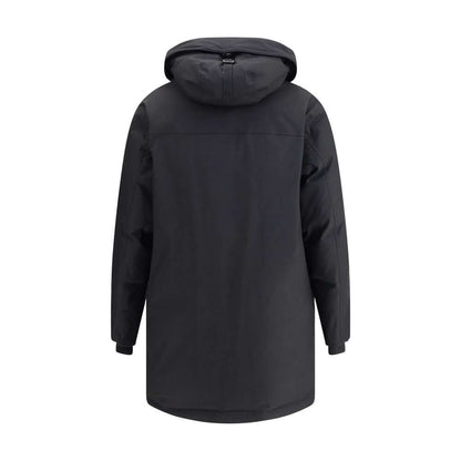 Black Dsquared² polyester parka with drawstring hood, high collar, and multiple pockets, perfect for winter season AW25.