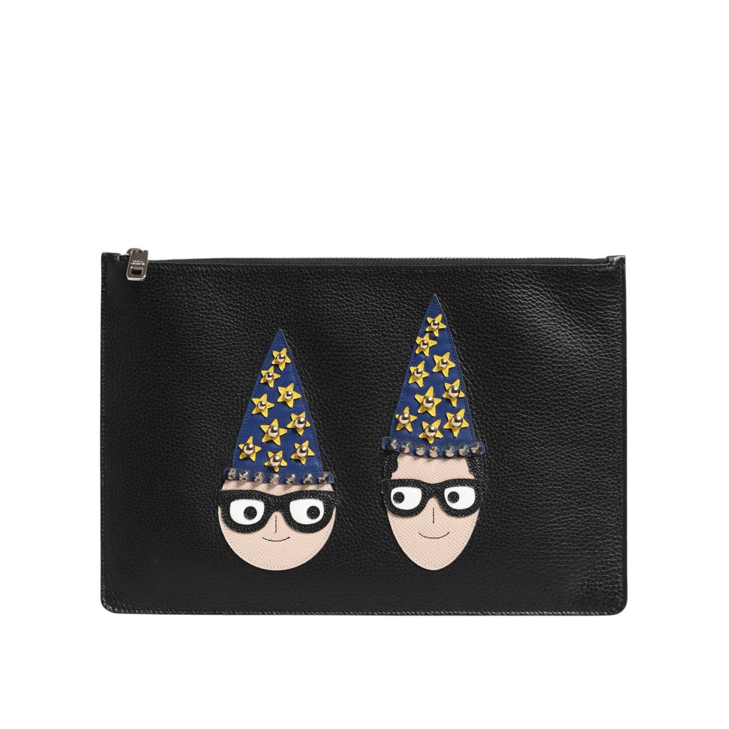 Dolce & Gabbana Black Leather #DGFAMILY Embellished Men Clutch Pouch Bag with multicolor graphic appliques and zip closure.