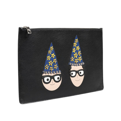 Dolce & Gabbana Black Leather #DGFAMILY Embellished Men Clutch Pouch Bag