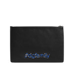 Dolce & Gabbana Black Leather #DGFAMILY Embellished Men Clutch Pouch Bag with multicolor appliques and zipper closure
