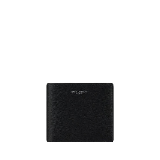 Saint Laurent Black Calf Leather Bos Taurus Wallet with grained leather design and iconic brand signature on front for AW25 collection.