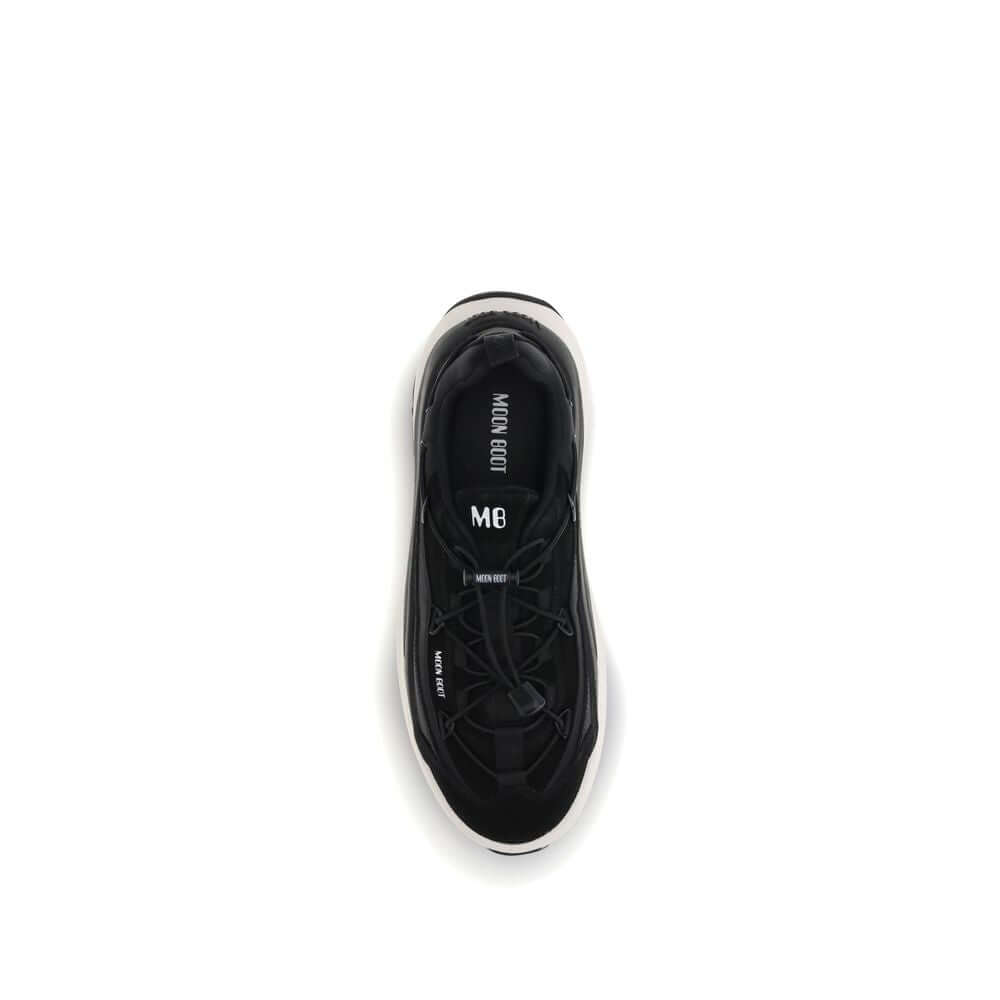 Top view of Moon Boot Black Polyester Athletic Sneakers with tubular laces and embroidered logo.