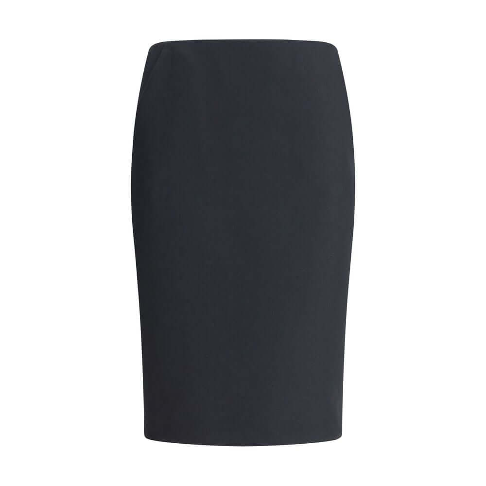Giorgio Armani Black Recycled Polyester Midi Skirt with clean lines, back zip closure, and side pockets for formal or informal occasions.
