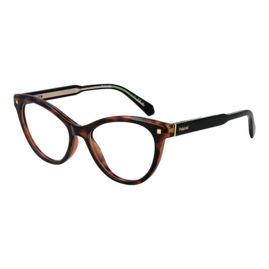 Polaroid Brown Women Glasses Frame in cat-eye style with full-rim plastic design, demo lenses, spring hinge, and branded case included.