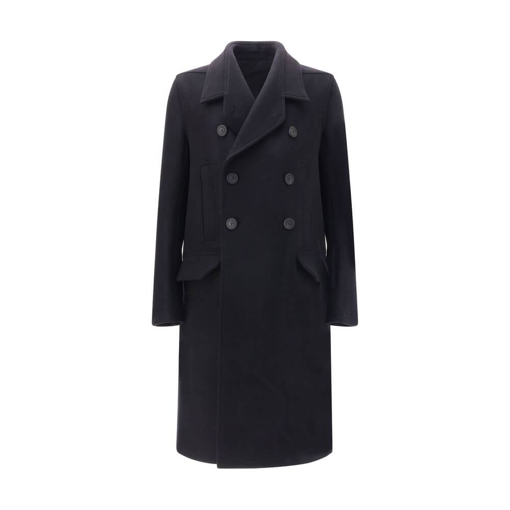 Rick Owens Black Fleece Wool Coat with wide lapels and double-breasted buttons on display. AW25 oversized fit with front welt pockets.