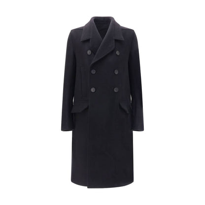 Rick Owens Black Fleece Wool Coat with wide lapels and double-breasted buttons on display. AW25 oversized fit with front welt pockets.