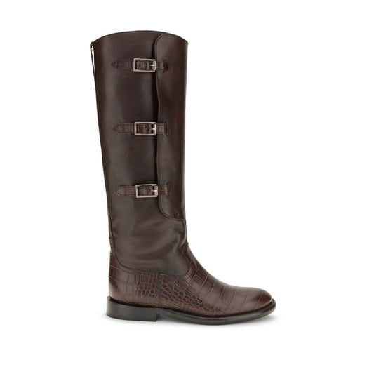 Paris Texas Brown Leather Lace-Up Boots with crocodile embossed detail and decorative buckles, knee-high design, AW25 season, made in Italy.