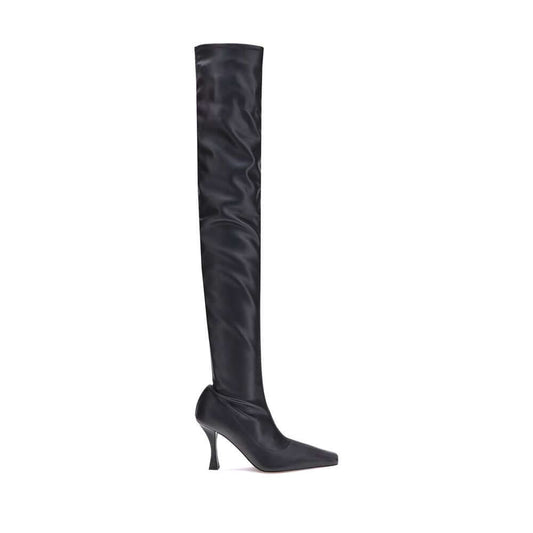 Proenza Schouler Black Polyethylene Over The Knee boot with stiletto heel and square toe, made from stretch nappa leather, AW25 collection.