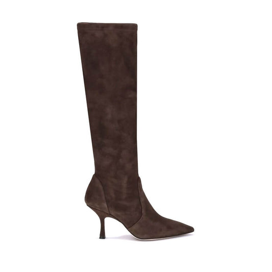 Stuart Weitzman Brown Calf Leather Bos Taurus High Heel Boots with stiletto heel and almond toe, made in Spain, AW25 season.