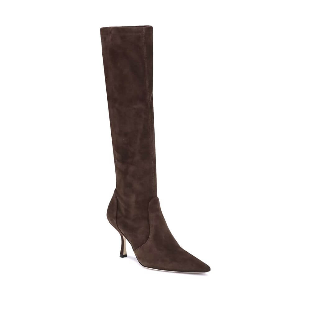Stuart Weitzman Brown Calf Leather Bos Taurus High Heel Boots with elegant stiletto heel and almond toe, perfect for sophisticated looks.