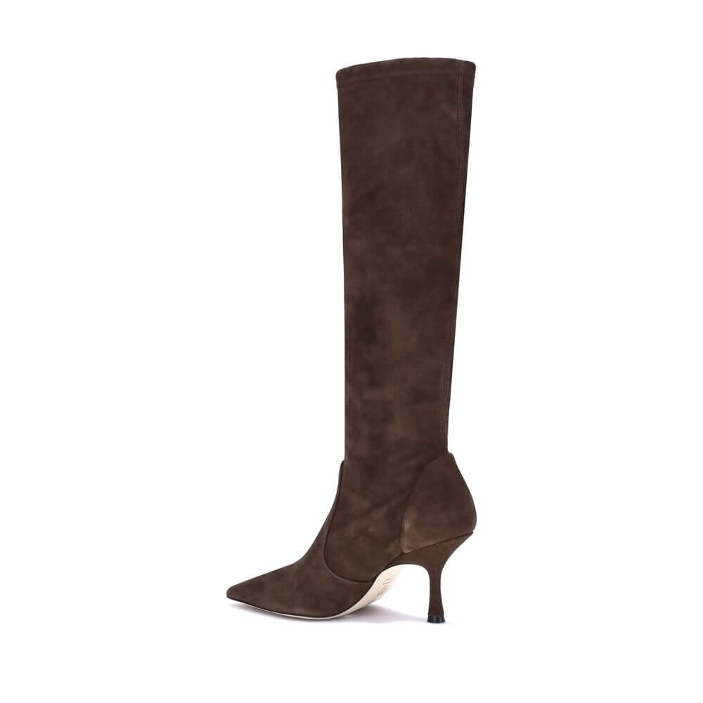 Stuart Weitzman Brown Calf Leather Bos Taurus High Heel Boots with stiletto heel, almond toe, made in Spain, elegant suede design.