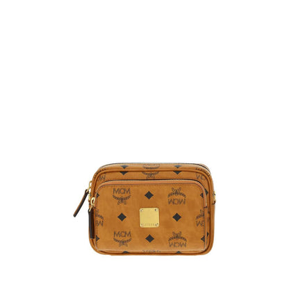 MCM Brown Cotton Shoulder Bag with monogram print and gold-tone logo plaque, featuring adjustable strap and top zipper closure.
