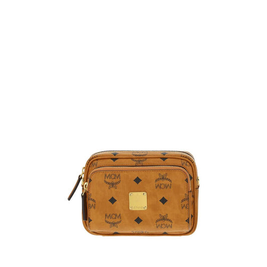 Alt Tag: MCM Brown Cotton Shoulder Bag with gold-tone details, iconic monogram print, and versatile adjustable strap.