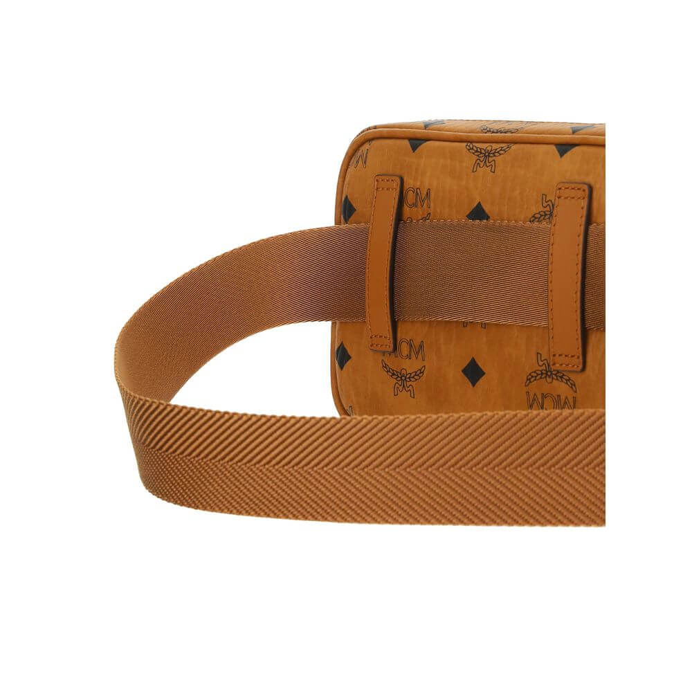 MCM Brown Cotton Shoulder Bag with adjustable strap and iconic monogram print