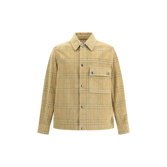 Burberry Beige Denim Shirt with iconic check pattern, snap-button closure, and flap chest pocket, made in Italy.