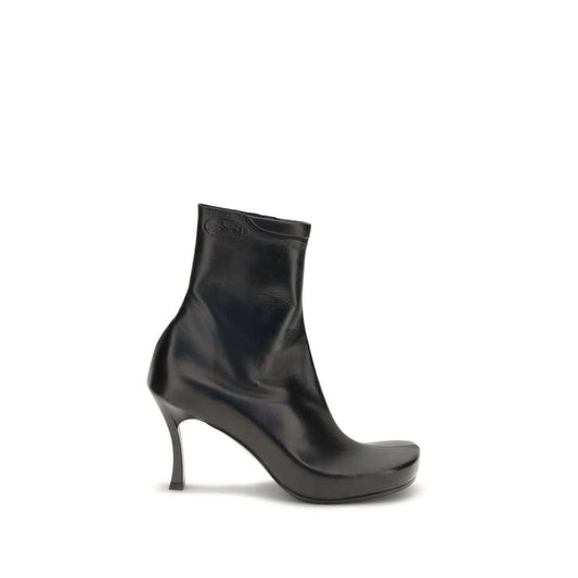 Balenciaga Black Calf Leather Bos Taurus Ankle Boots with square toe and embossed logos, featuring ergonomic insole and high heel.