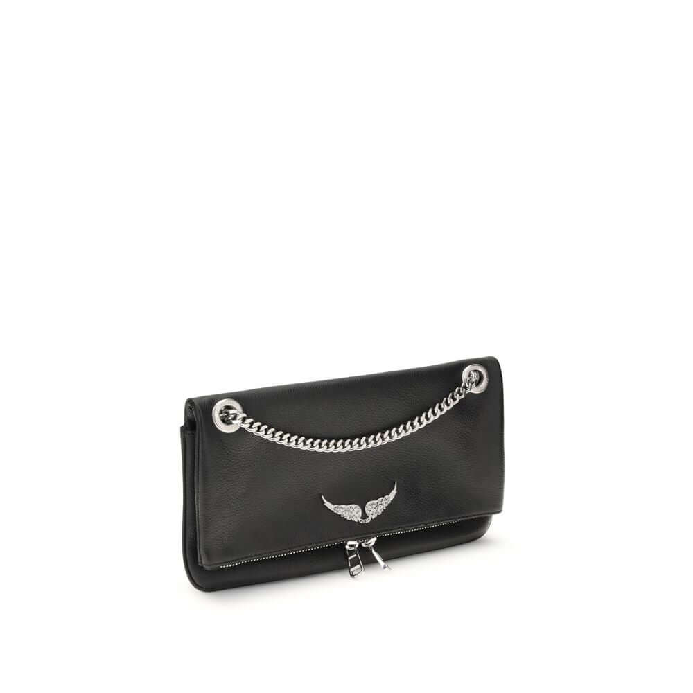 Zadig & Voltaire Black Leather Shoulder Bag with chain and flap, rock-chic design, front logo, magnetic closure.