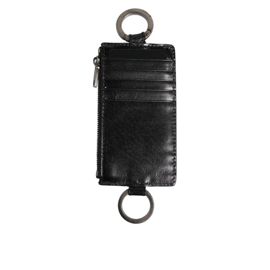 Dolce & Gabbana Black Leather Logo Embossed Lanyard Card Holde Wallet, featuring zip closure and card slots, made in Italy.