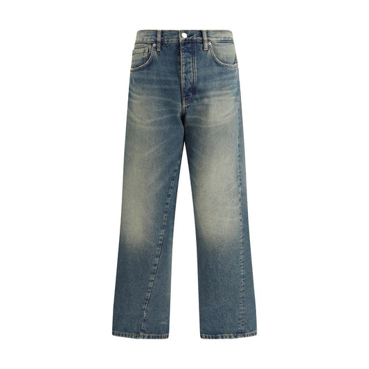 Sunflower Blue Cotton Jeans Denim with wide twist cut, recycled metal trim, and vintage wash effect.