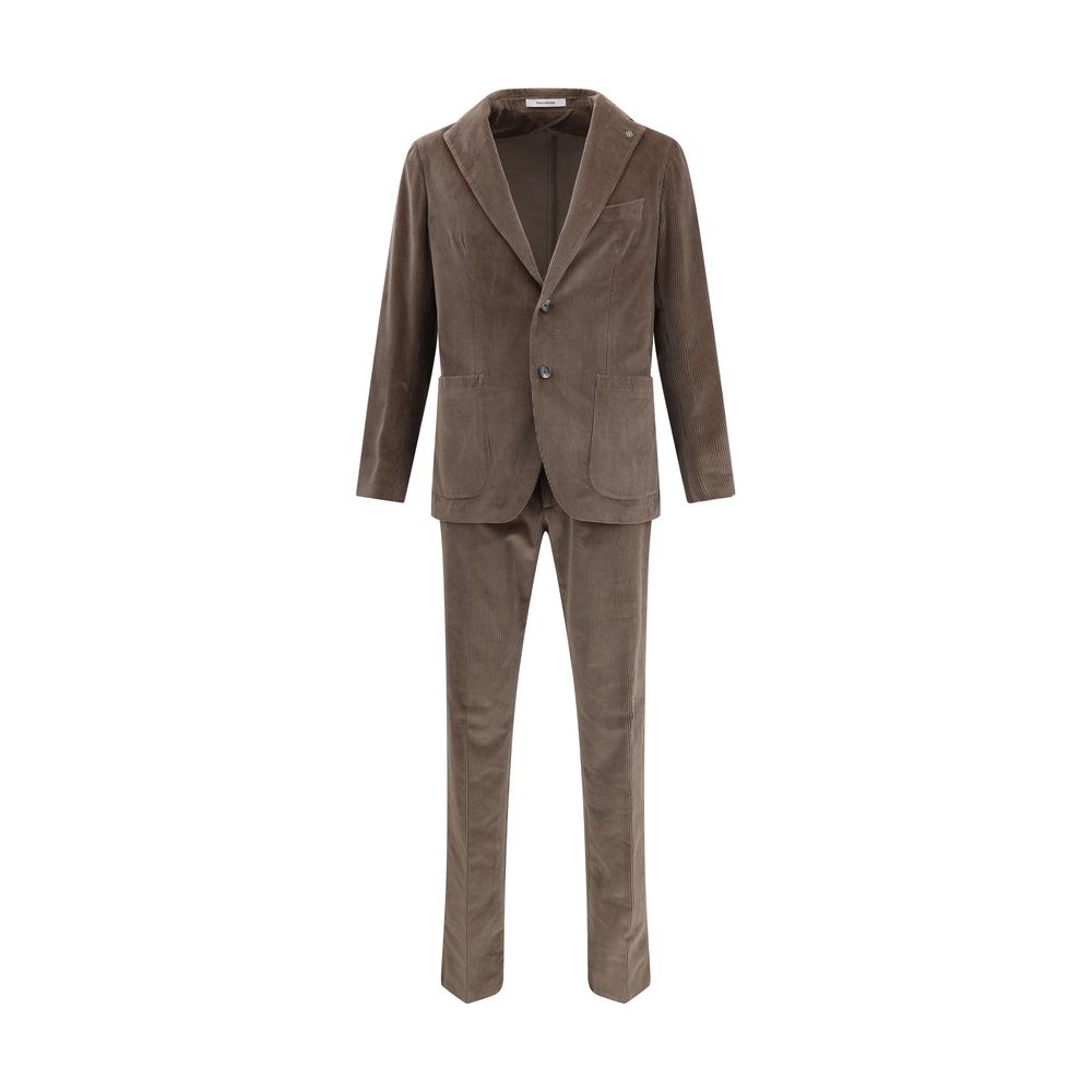 Tagliatore Brown Cotton Two-Piece Suit with notched lapels, front pockets, and straight-leg trousers, showcasing modern retro style.
